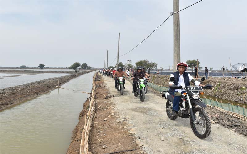 Gunakan Kendaraan Trail, Presiden Jokowi Tinjau Tambak Udang